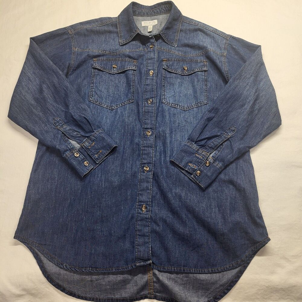 SOFIA by Sofia Vergara Blue Denim Button Shirt Collared SM 100% Cotton Oversized